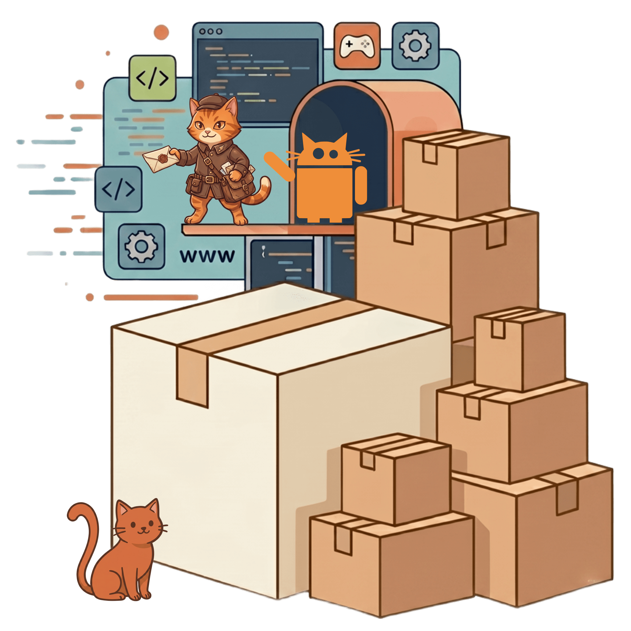 Ilustración con gatos, cajas y elementos de desarrollo de software y videojuegos