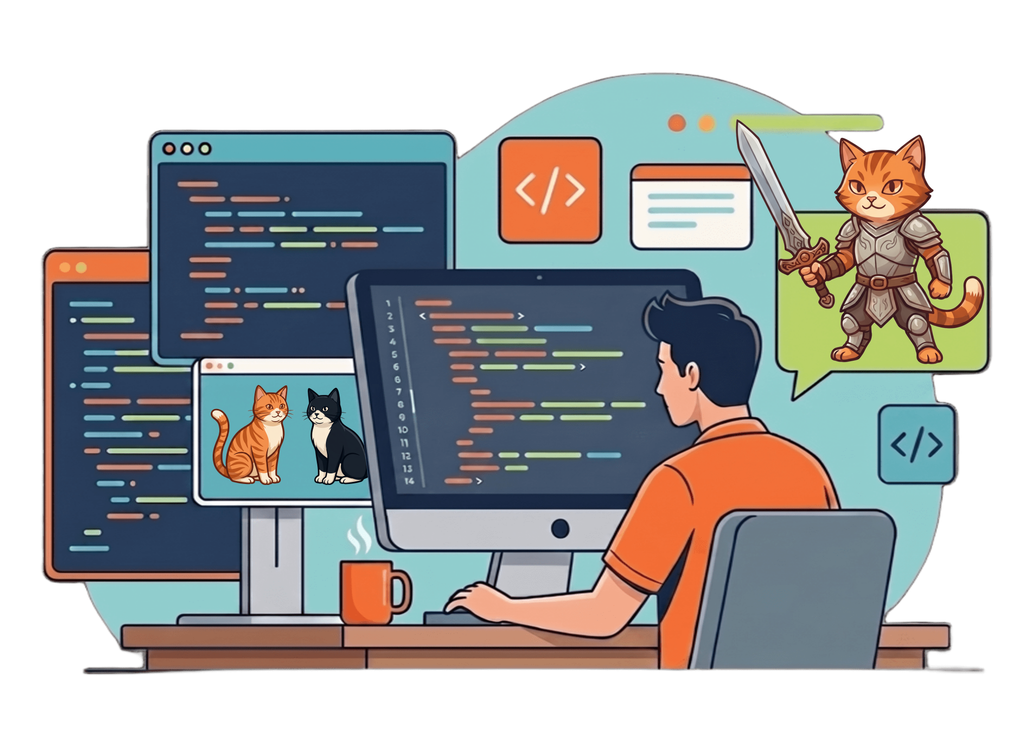 Desarrollador indie trabajando en varios monitores con código y proyectos creativos